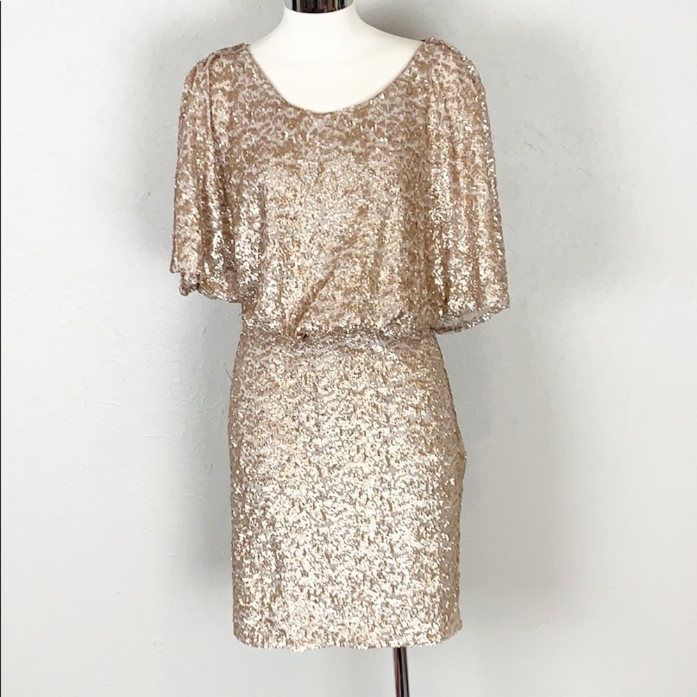 Andrew Marc Gold Sequined Blouson Party Dress